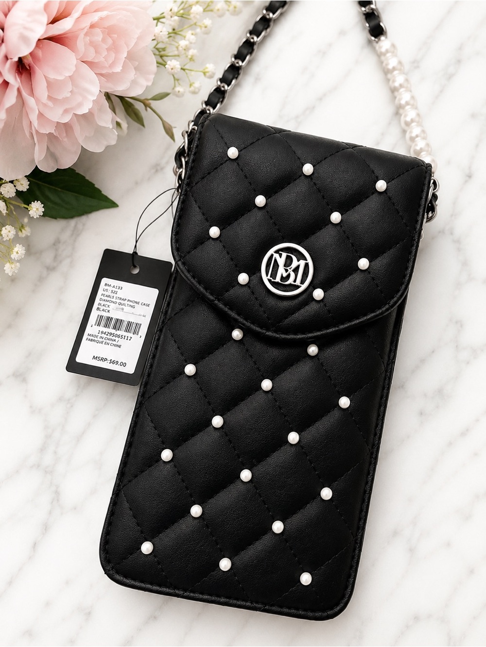 NWT Badgley Mischka Quilted Vegan Leather Pearl Phone Crossbody